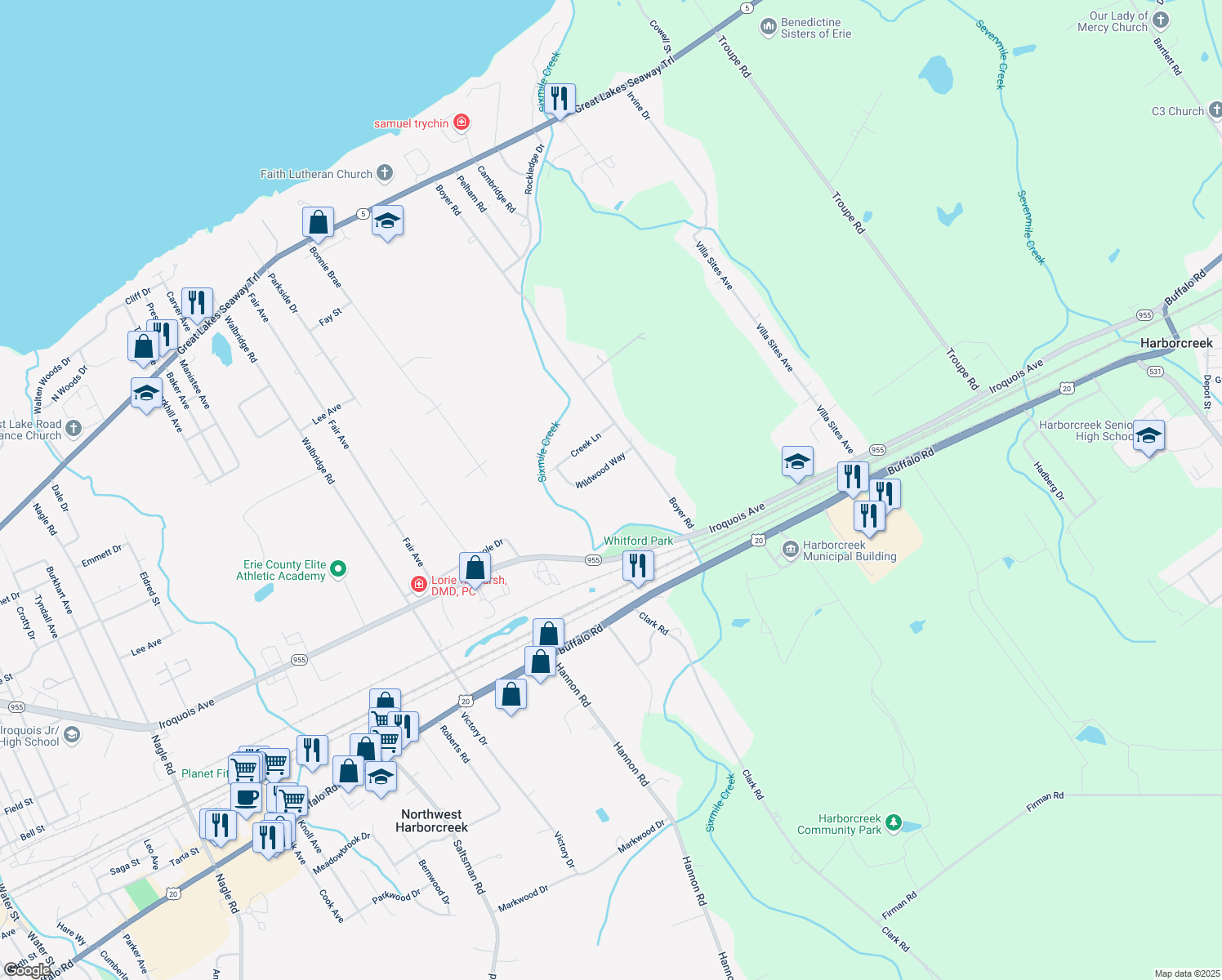 map of restaurants, bars, coffee shops, grocery stores, and more near 1202 Boyer Rd in Erie
