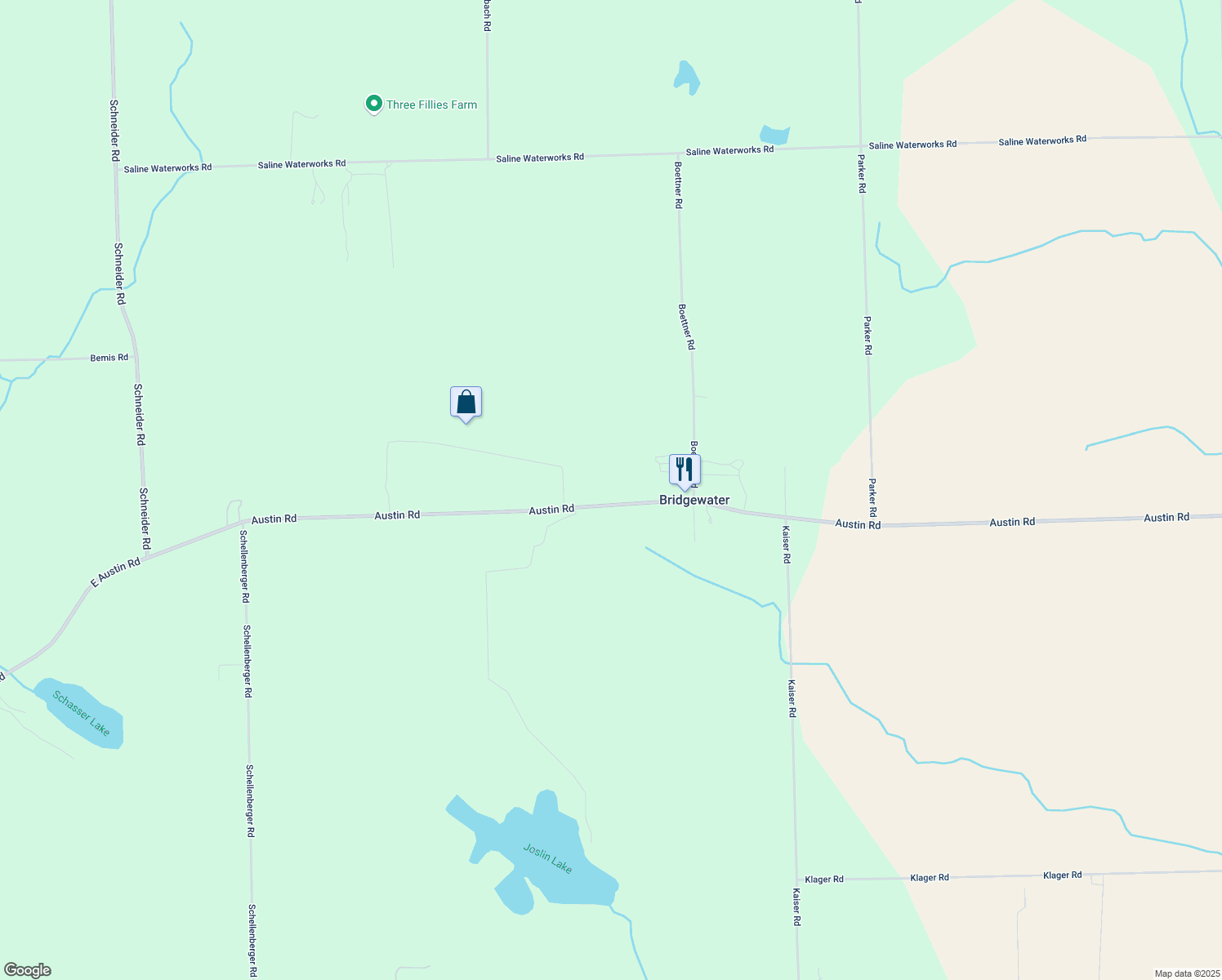 map of restaurants, bars, coffee shops, grocery stores, and more near 9234 Austin Road in Saline