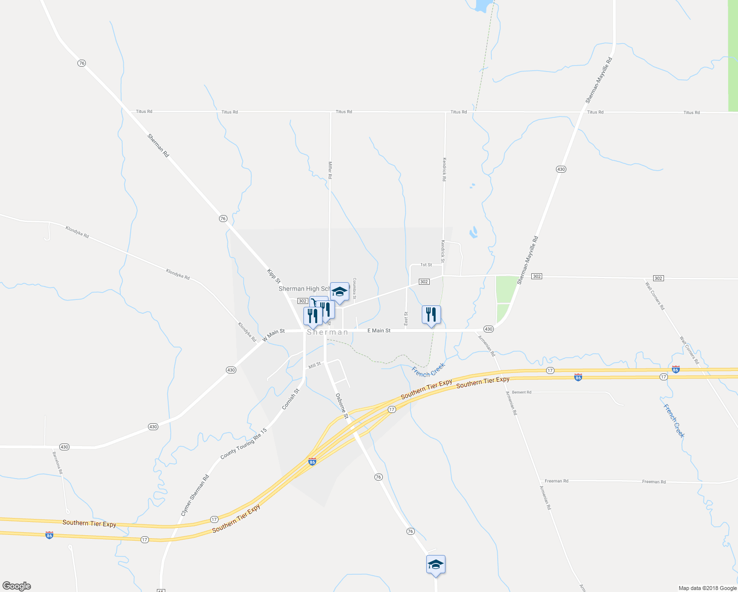 map of restaurants, bars, coffee shops, grocery stores, and more near 147 Park Street in Sherman