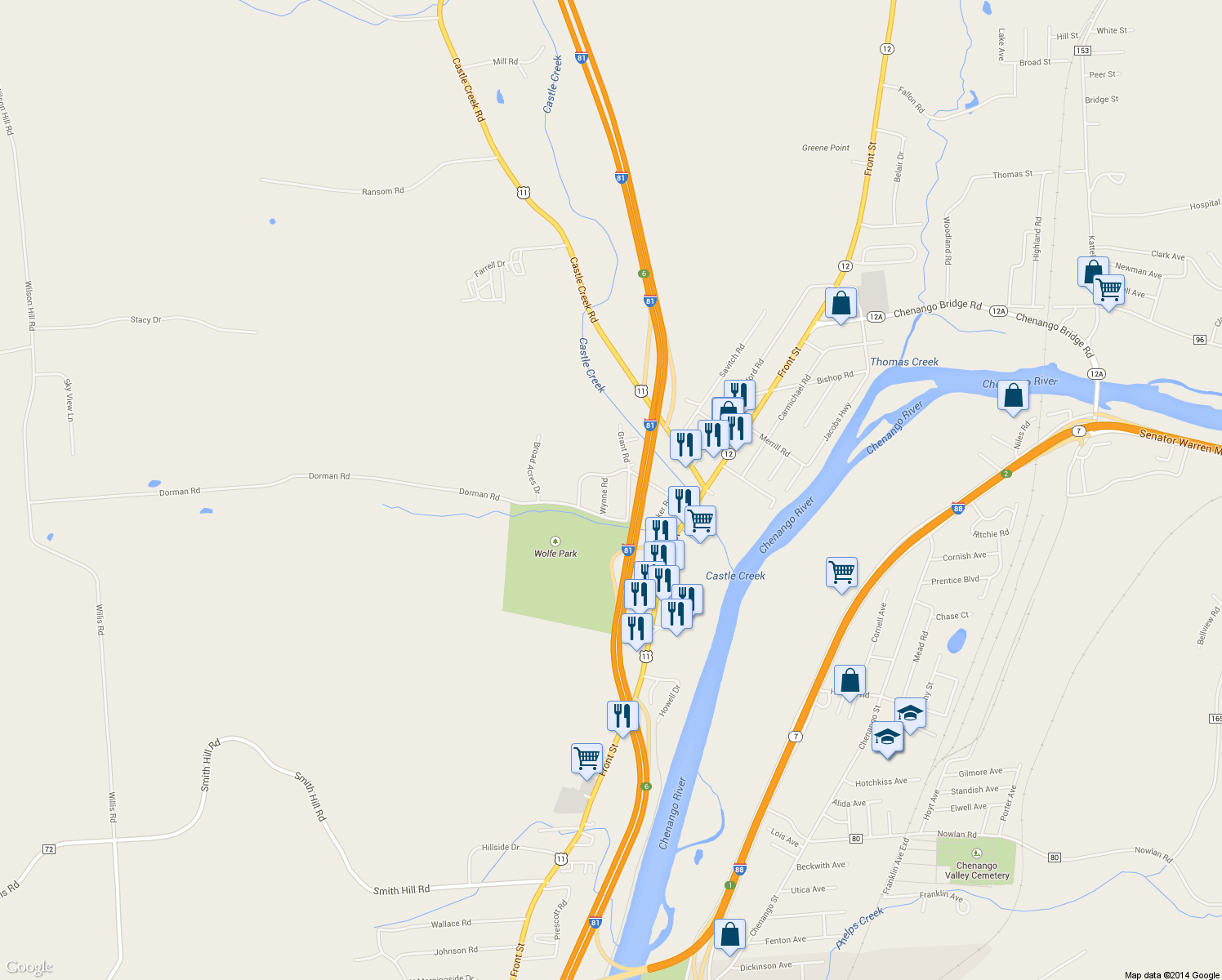 map of restaurants, bars, coffee shops, grocery stores, and more near 10 Wynne Road in Binghamton