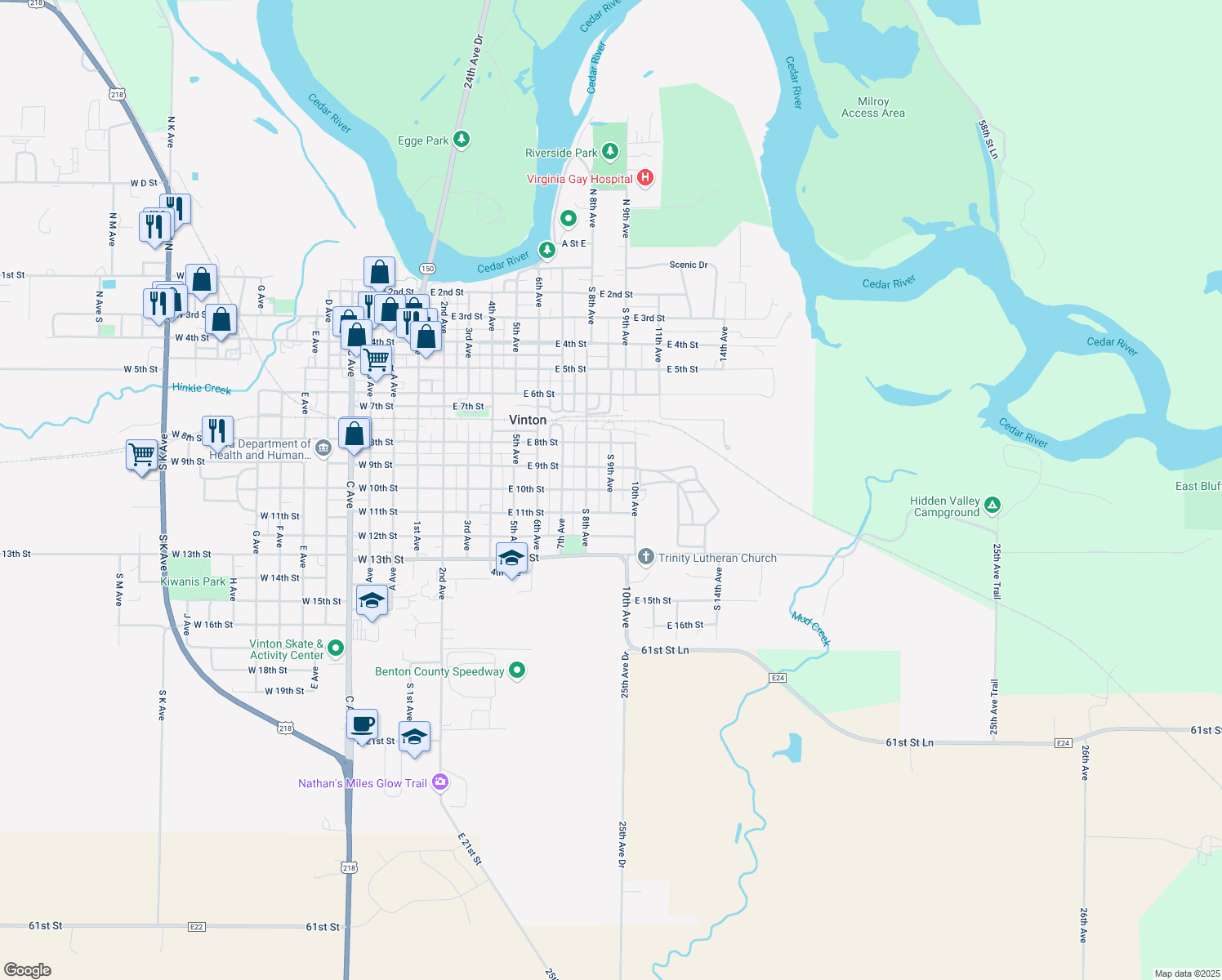 map of restaurants, bars, coffee shops, grocery stores, and more near 899 E 10th St in Vinton