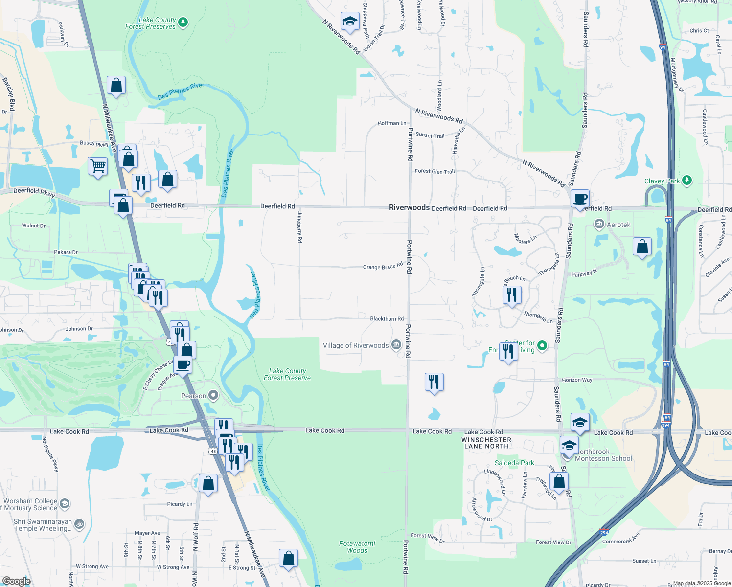 map of restaurants, bars, coffee shops, grocery stores, and more near 475 White Oak Lane in Riverwoods