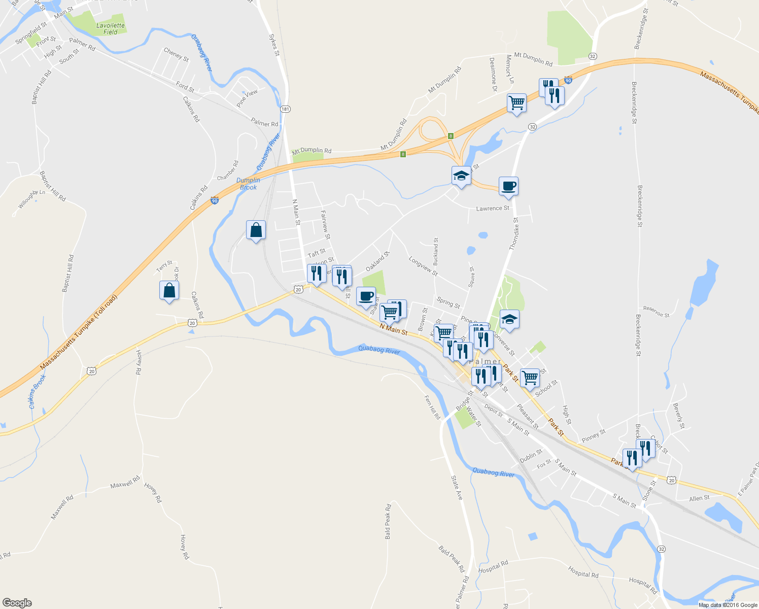 map of restaurants, bars, coffee shops, grocery stores, and more near 33 Shaw Street in Palmer