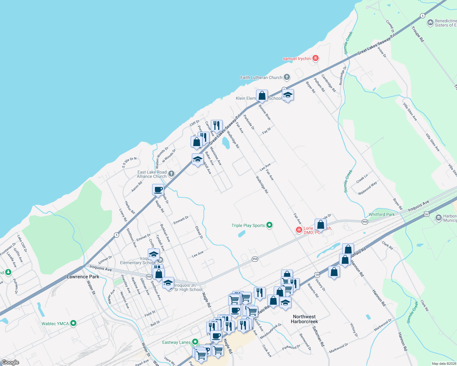 map of restaurants, bars, coffee shops, grocery stores, and more near 544 Manistee Ave in Erie