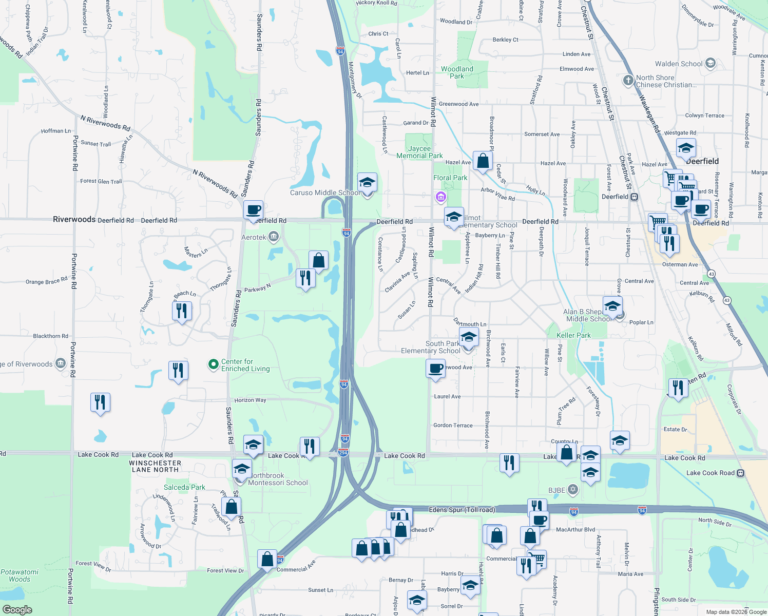 map of restaurants, bars, coffee shops, grocery stores, and more near 505 Castlewood Lane in Deerfield