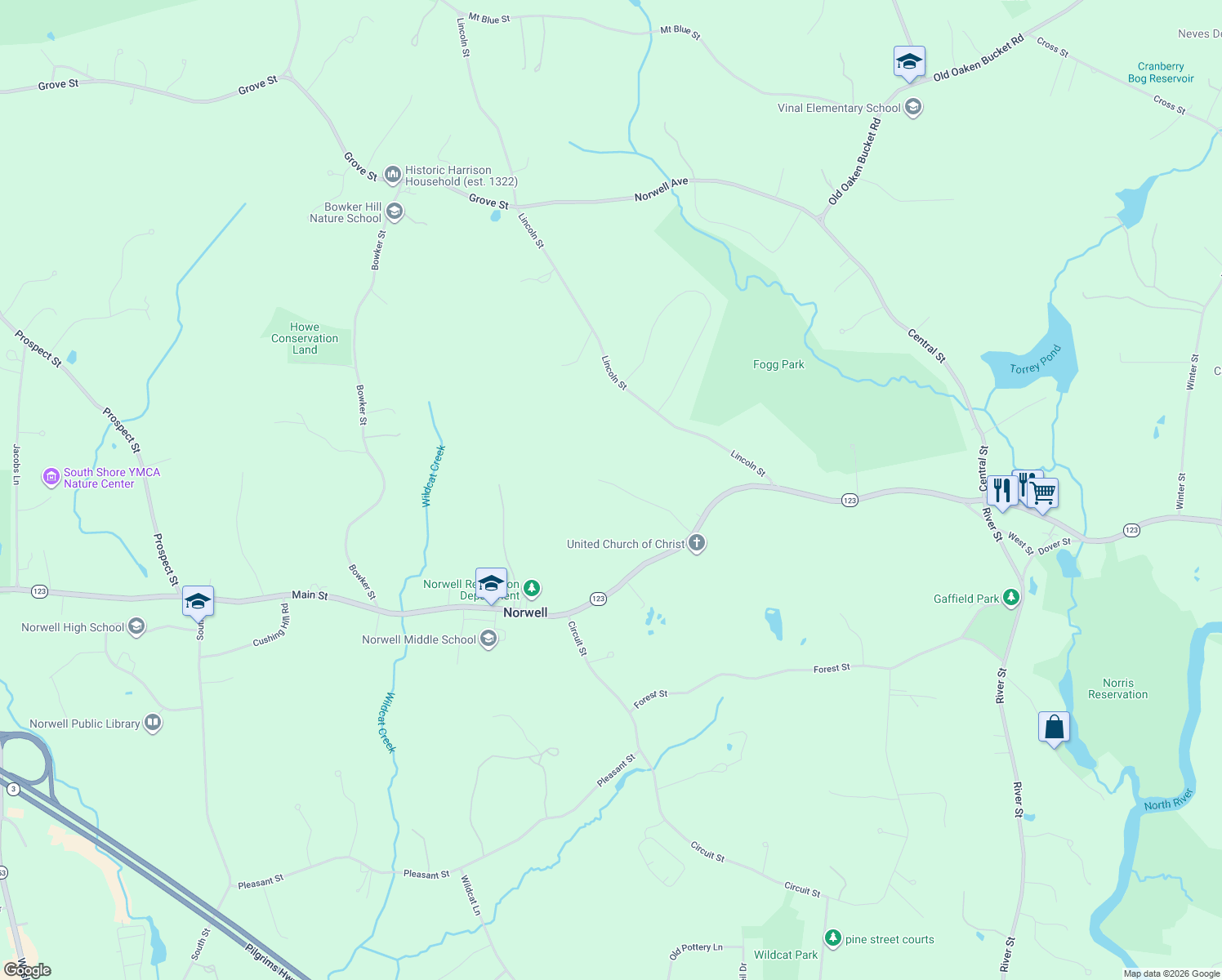 map of restaurants, bars, coffee shops, grocery stores, and more near 61 Paradise Drive in Norwell