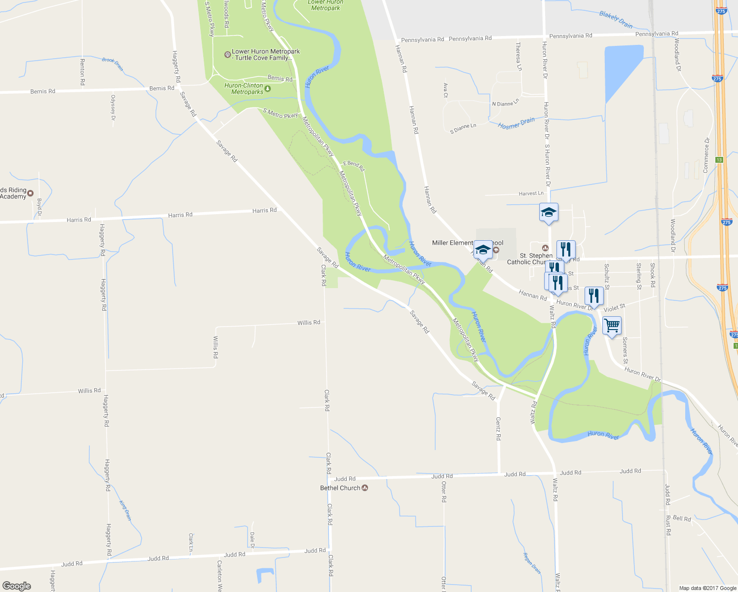 map of restaurants, bars, coffee shops, grocery stores, and more near 19176 Savage Road in Belleville