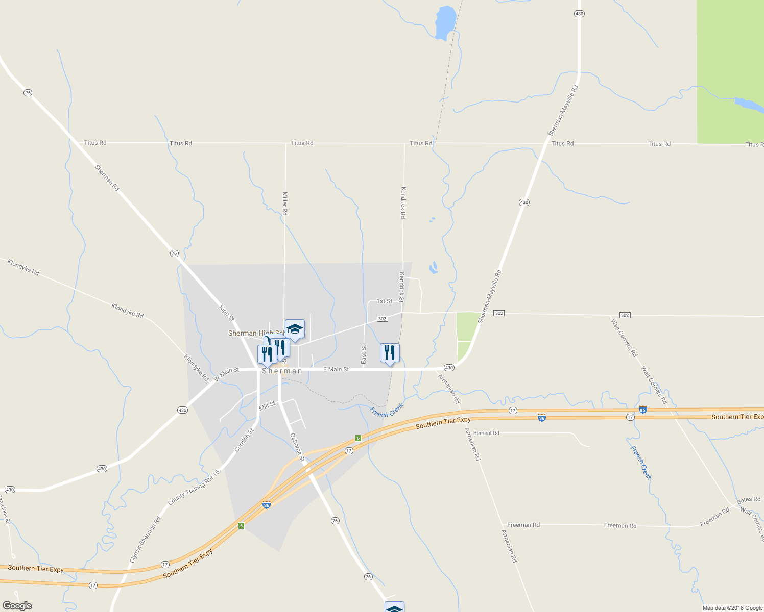 map of restaurants, bars, coffee shops, grocery stores, and more near 108 1st Street in Sherman