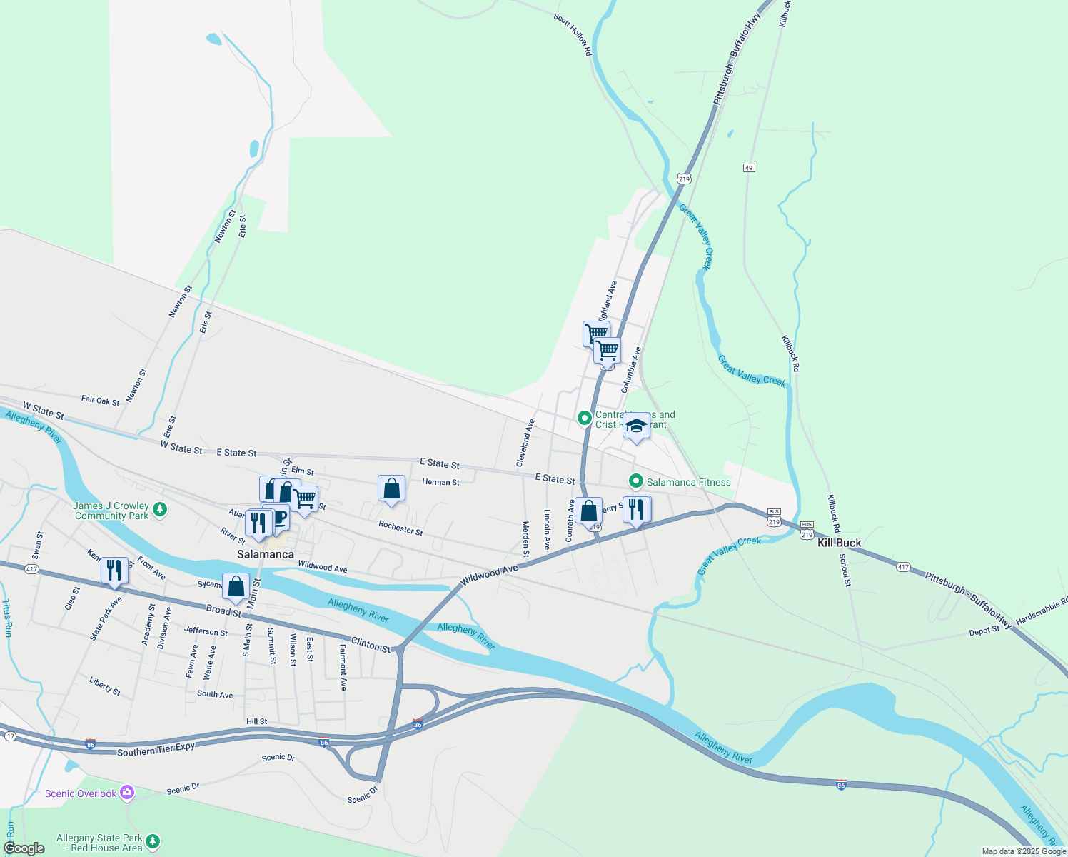 map of restaurants, bars, coffee shops, grocery stores, and more near 76 Cleveland Ave in Salamanca