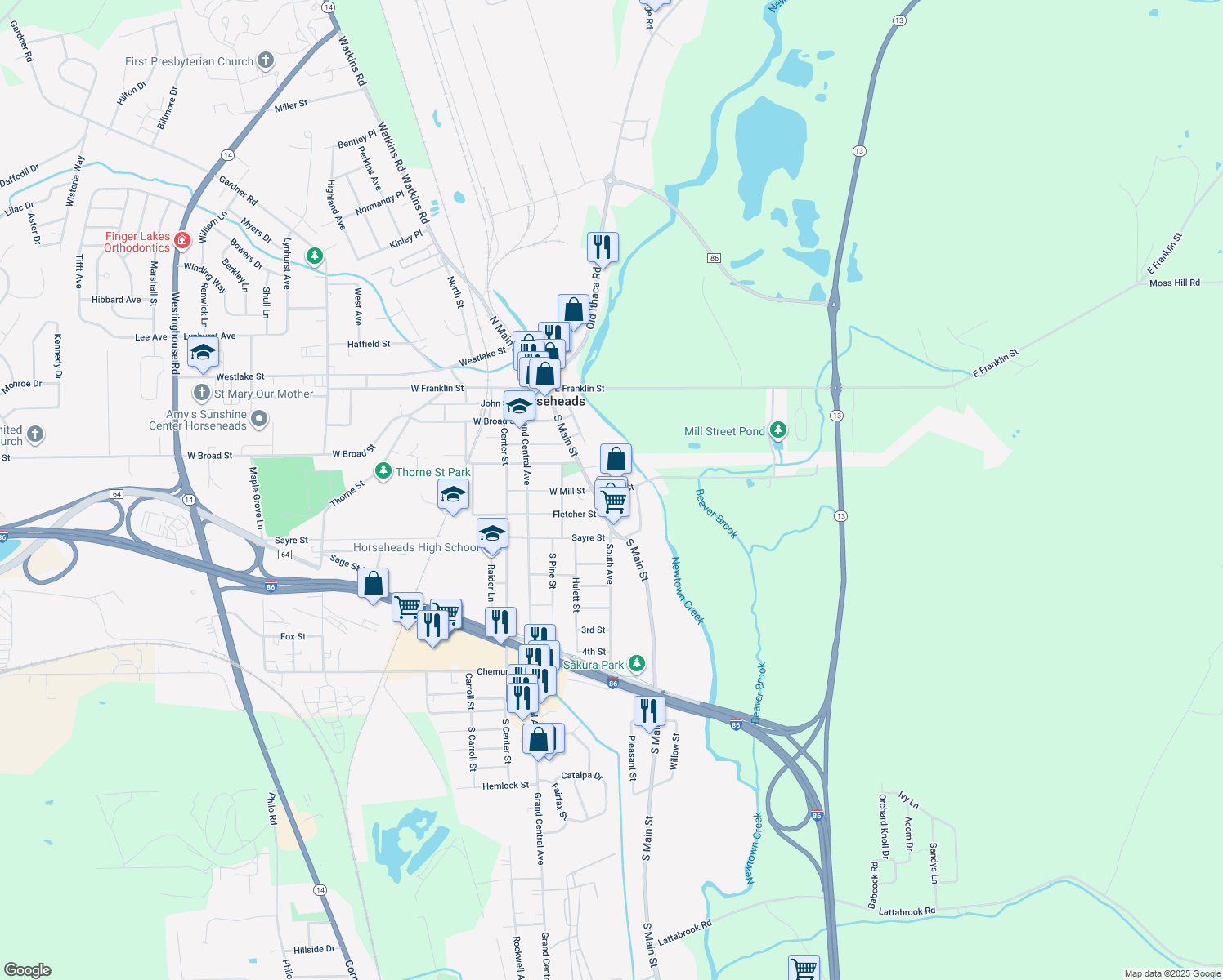 map of restaurants, bars, coffee shops, grocery stores, and more near 100-132 East Mill Street in Horseheads