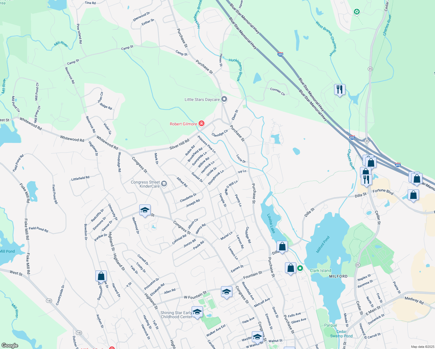 map of restaurants, bars, coffee shops, grocery stores, and more near 12 Stoney Brook Lane in Milford