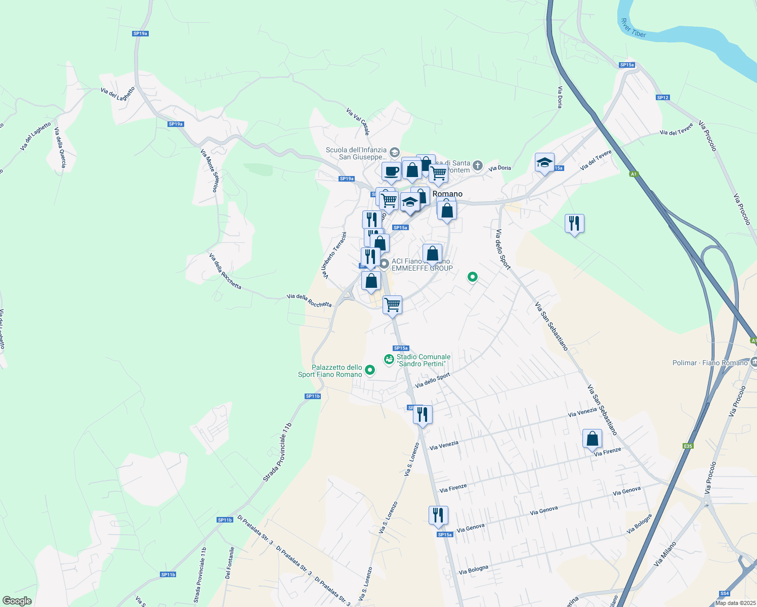map of restaurants, bars, coffee shops, grocery stores, and more near 69 Via Guido Rossa in Città metropolitana di Roma Capitale