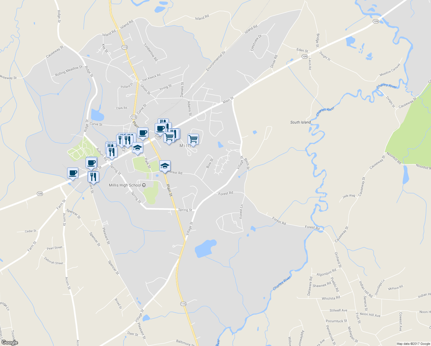 map of restaurants, bars, coffee shops, grocery stores, and more near 25 Heritage Path in Millis