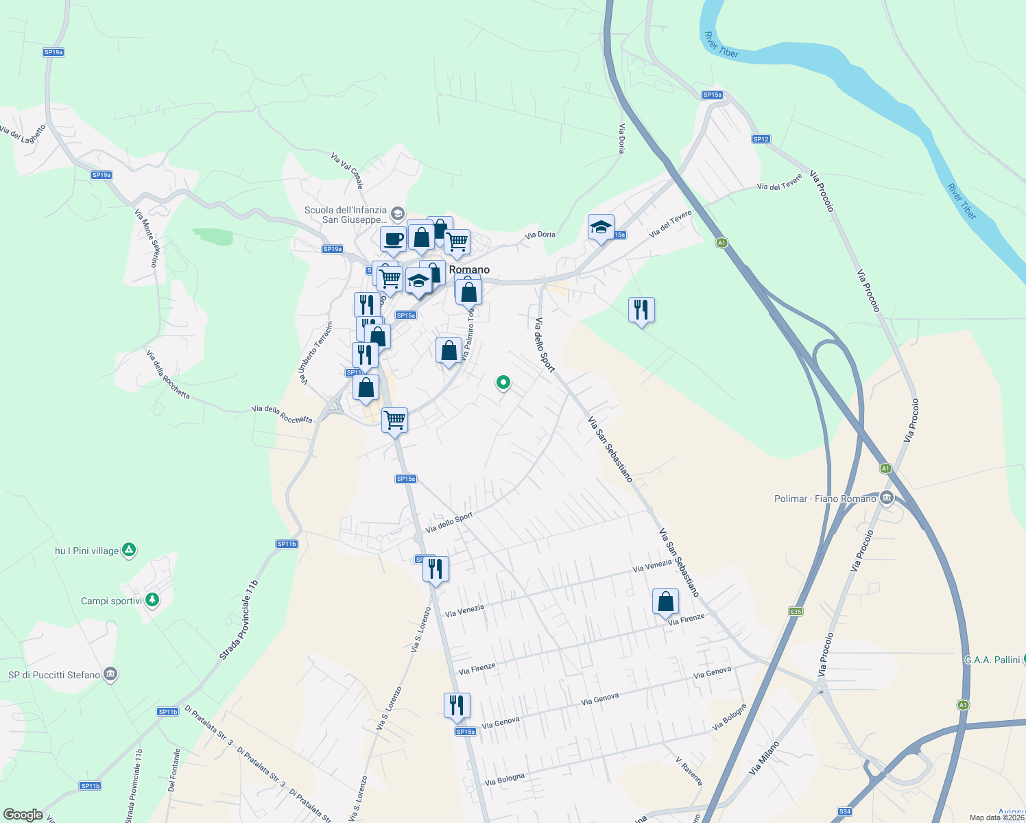 map of restaurants, bars, coffee shops, grocery stores, and more near 32g Via dello Sport in Fiano Romano