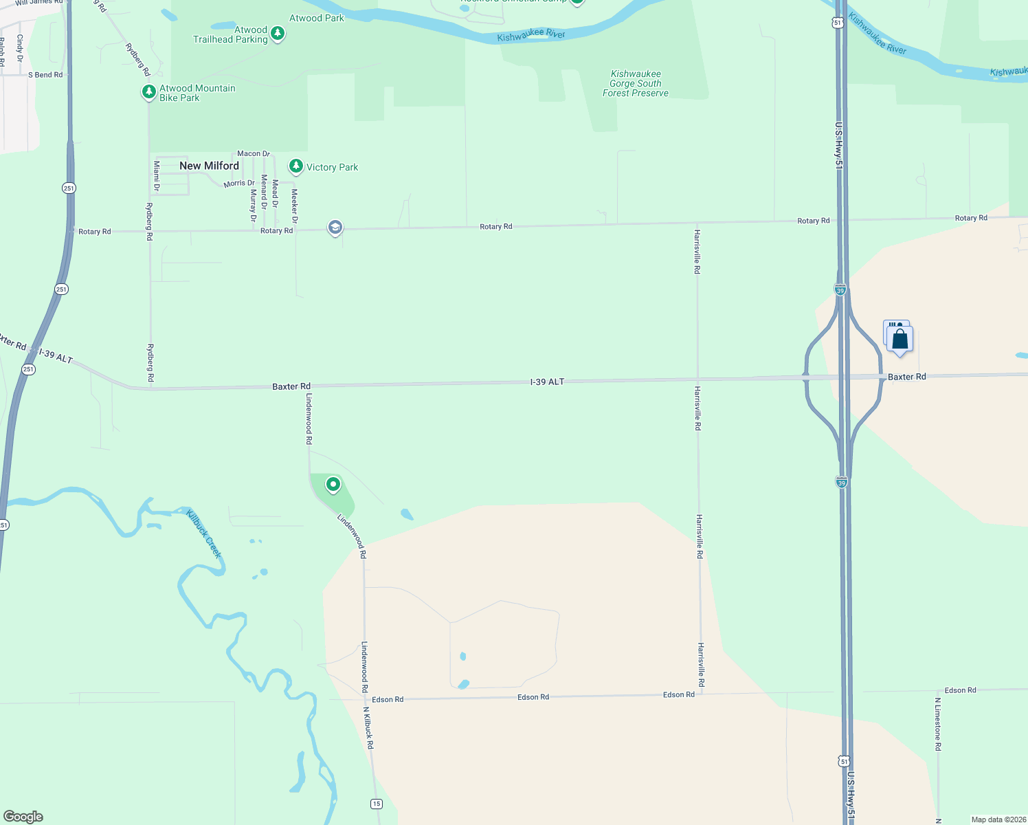 map of restaurants, bars, coffee shops, grocery stores, and more near 3637 Baxter Road in Rockford
