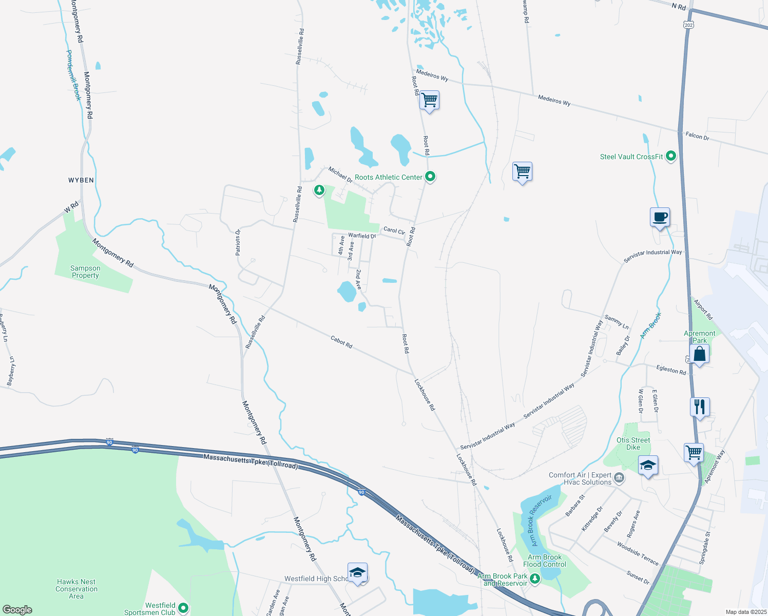 map of restaurants, bars, coffee shops, grocery stores, and more near 99 Johns Dr in Westfield