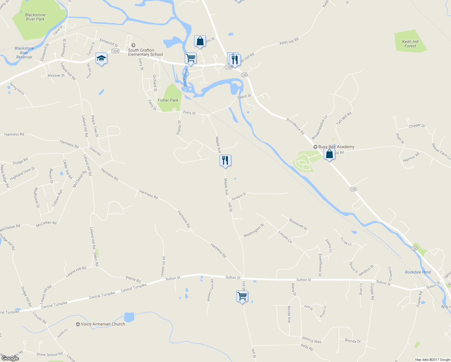 map of restaurants, bars, coffee shops, grocery stores, and more near Maple Avenue in Northbridge