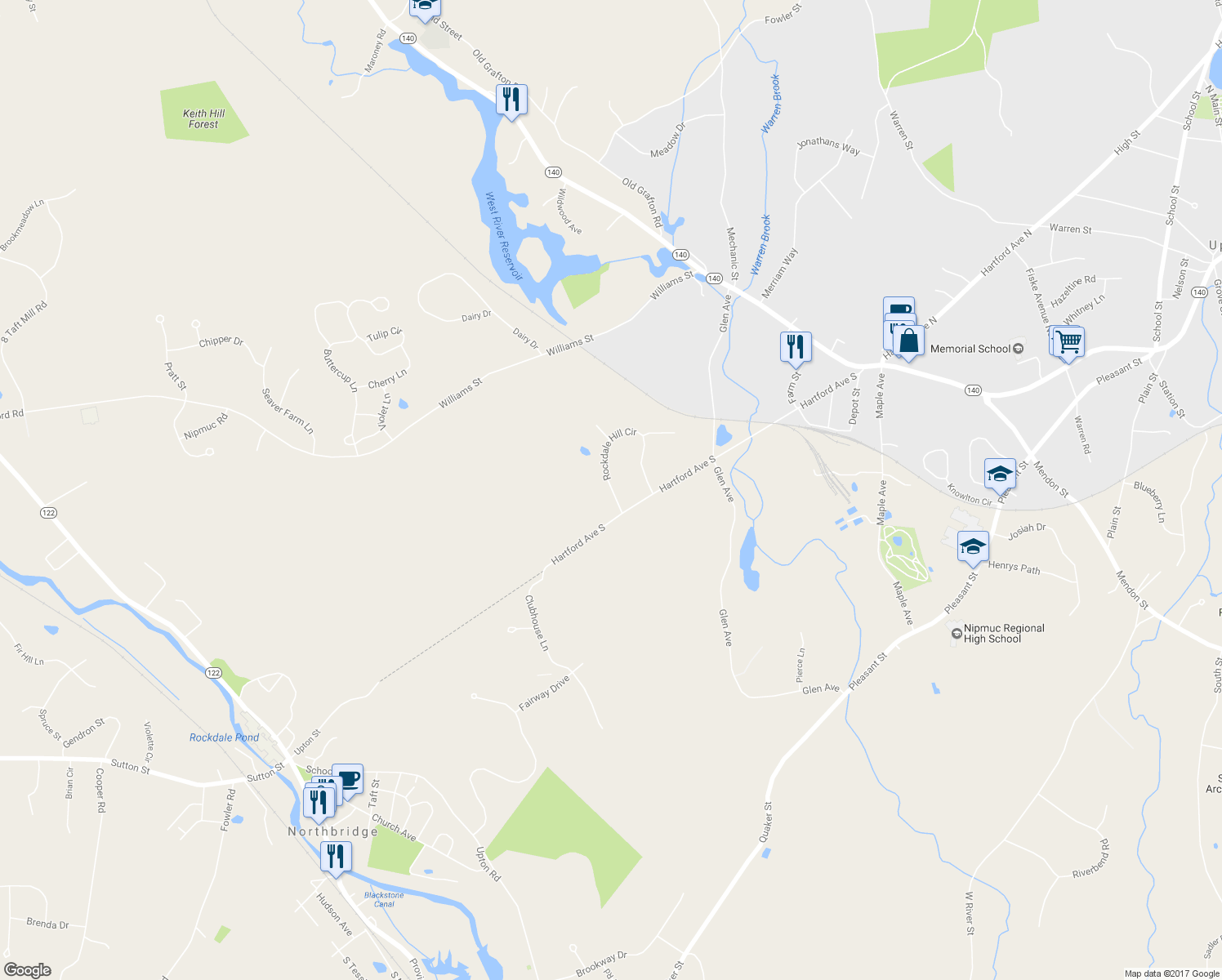 map of restaurants, bars, coffee shops, grocery stores, and more near 23 Rockdale Hill Circle in Upton