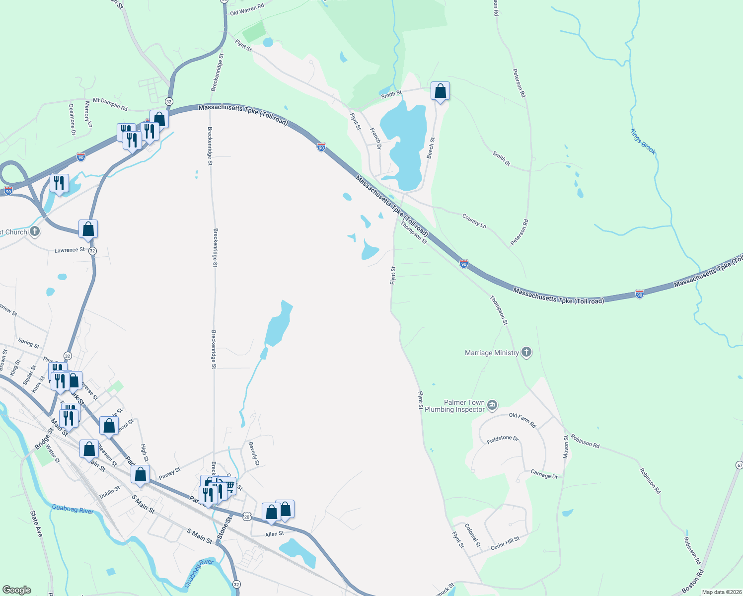 map of restaurants, bars, coffee shops, grocery stores, and more near 197 Flynt Street in Palmer