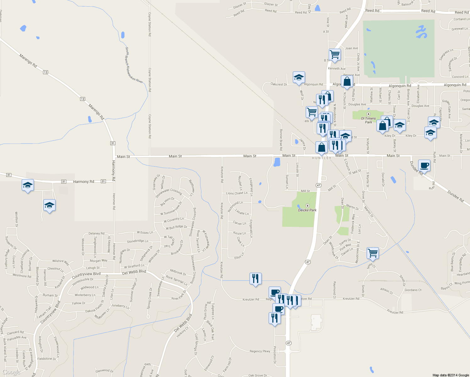 map of restaurants, bars, coffee shops, grocery stores, and more near 12510 Lions Chase Ct in Huntley