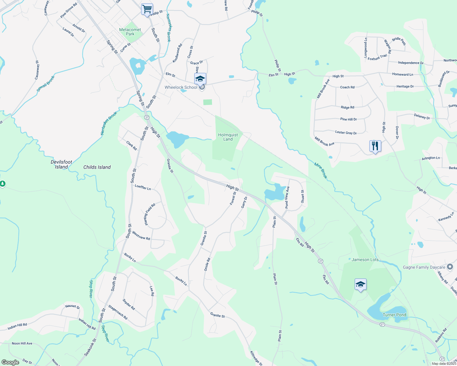 map of restaurants, bars, coffee shops, grocery stores, and more near High Street in Medfield