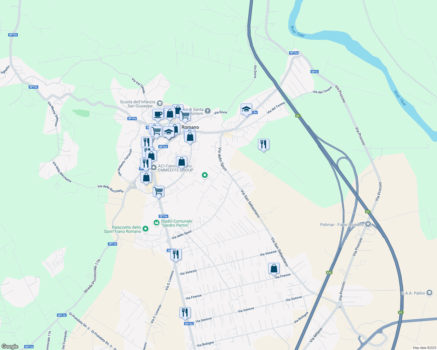 map of restaurants, bars, coffee shops, grocery stores, and more near 8 Via Campo Maro in Fiano Romano