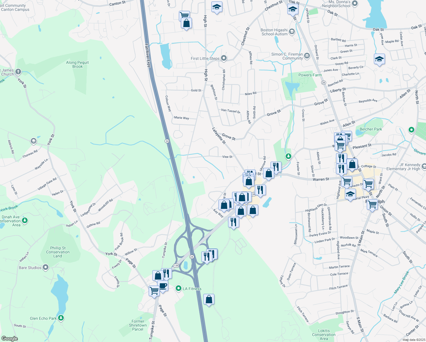 map of restaurants, bars, coffee shops, grocery stores, and more near 46 Birch Drive in Randolph