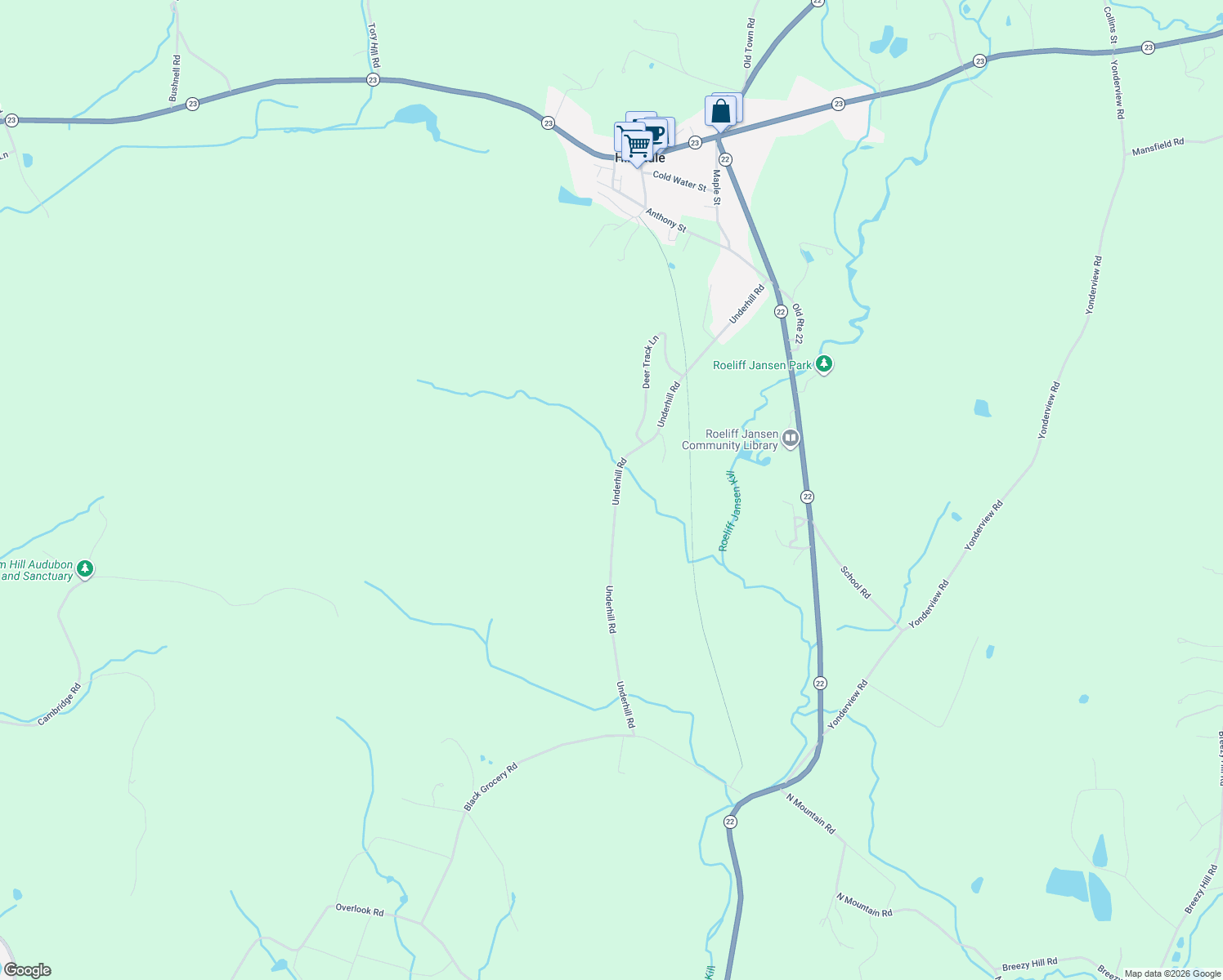 map of restaurants, bars, coffee shops, grocery stores, and more near 120 Underhill Rd in Hillsdale