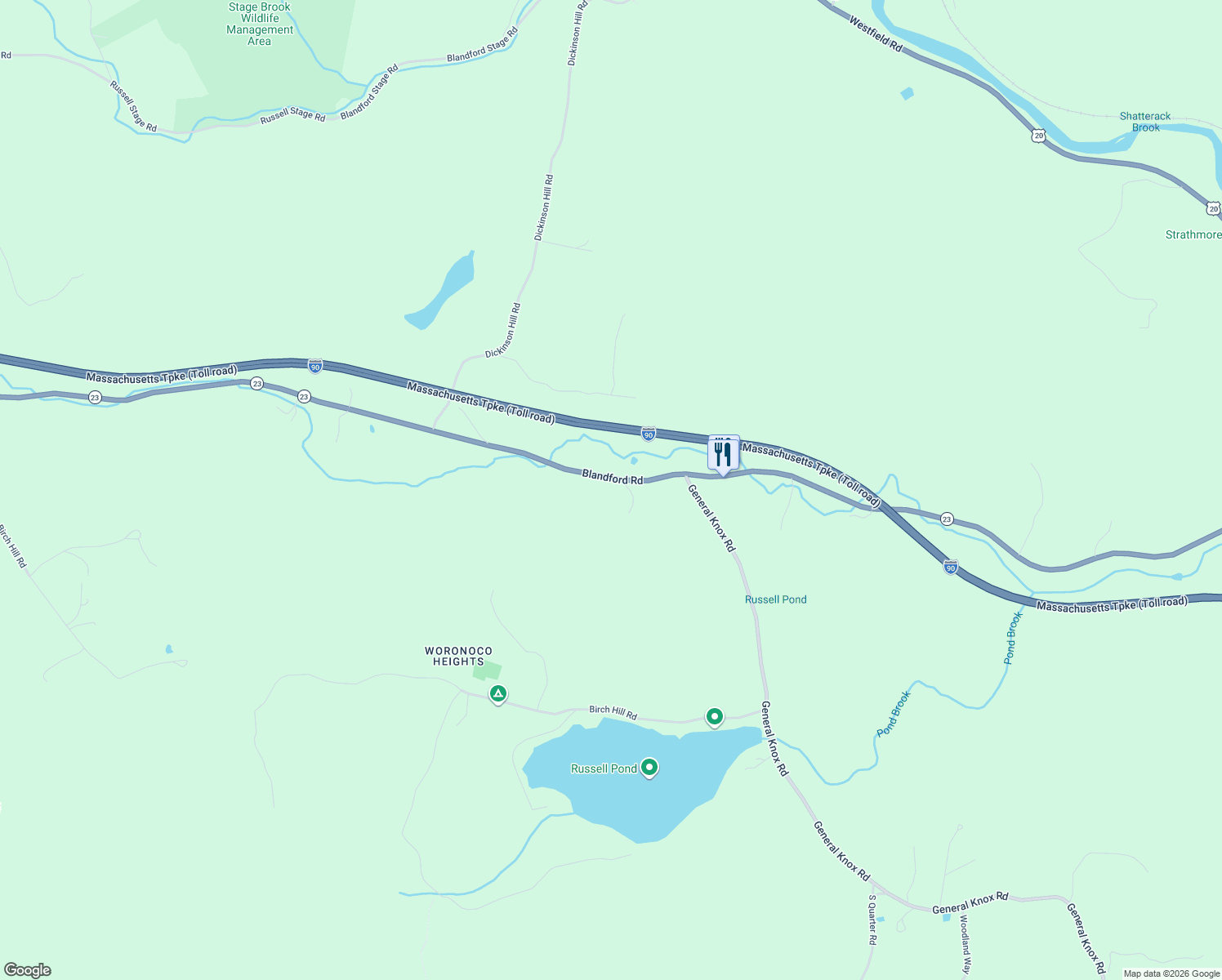 map of restaurants, bars, coffee shops, grocery stores, and more near 965 Blandford Road in Russell