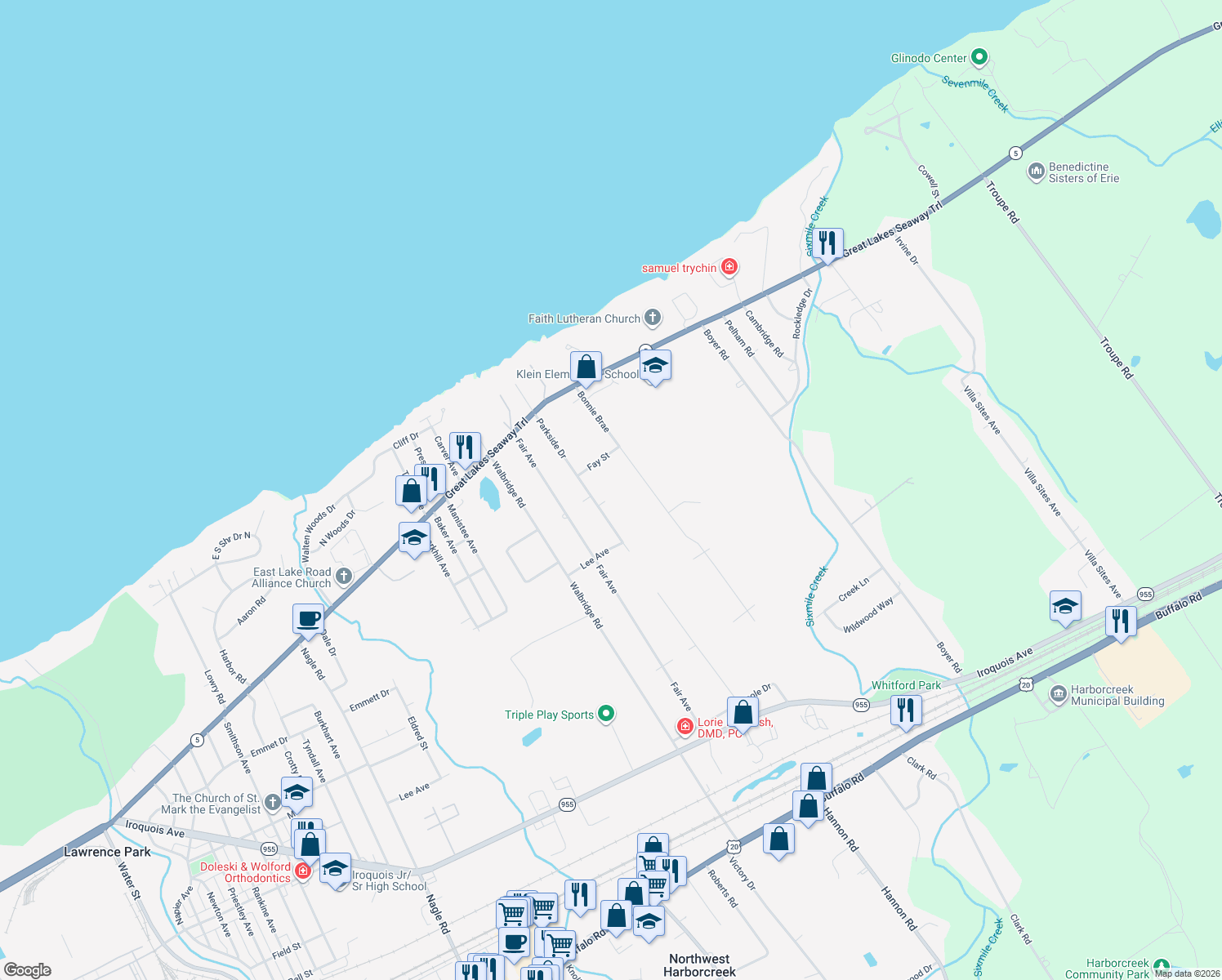 map of restaurants, bars, coffee shops, grocery stores, and more near 435 Parkside Dr in Erie