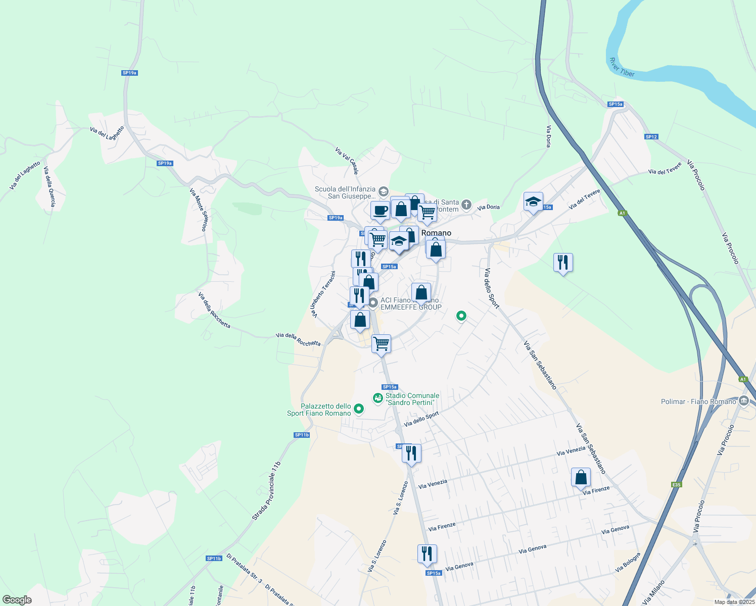 map of restaurants, bars, coffee shops, grocery stores, and more near 116 Via Tiberina in Fiano Romano