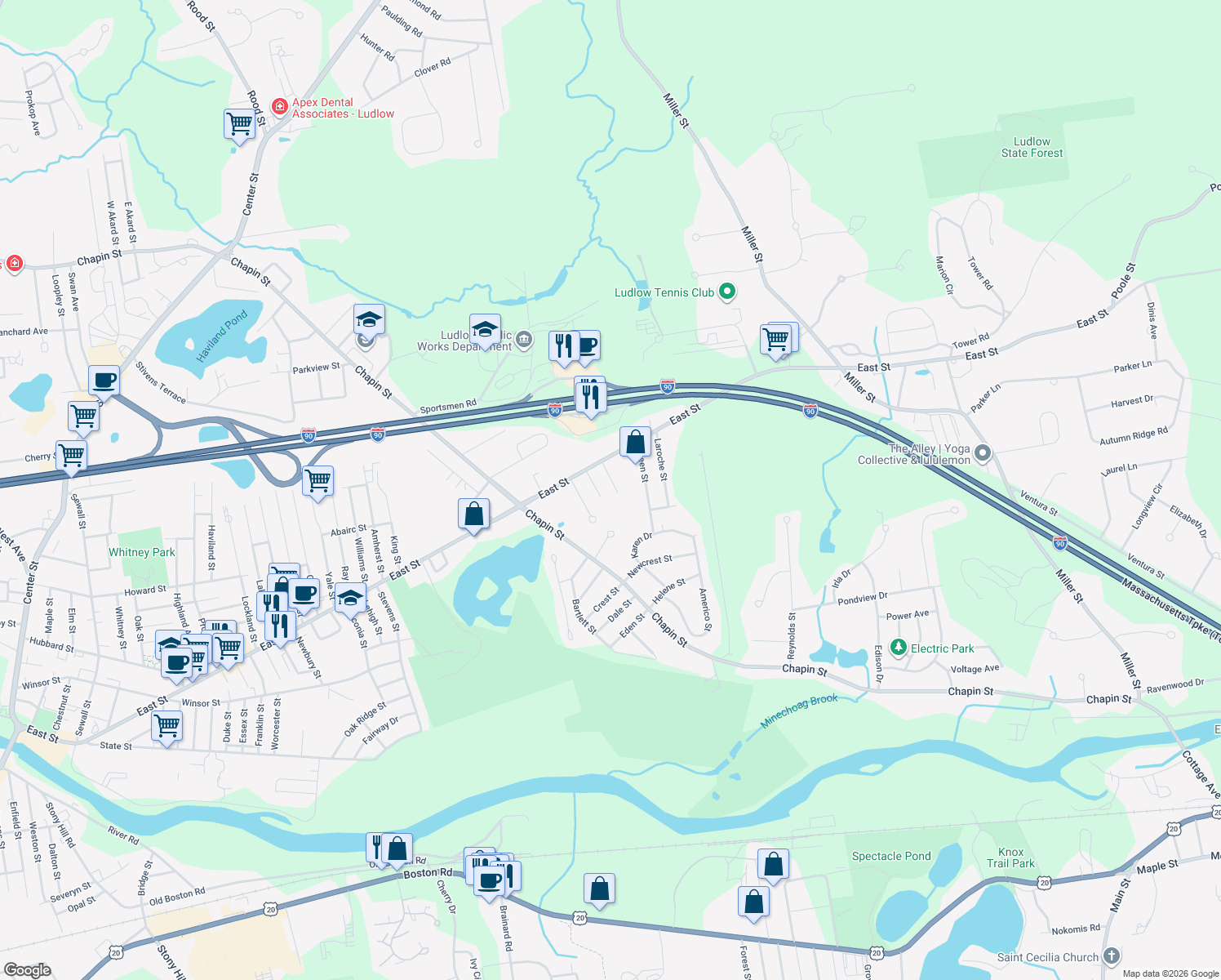 map of restaurants, bars, coffee shops, grocery stores, and more near 40 Brunelle Street in Ludlow