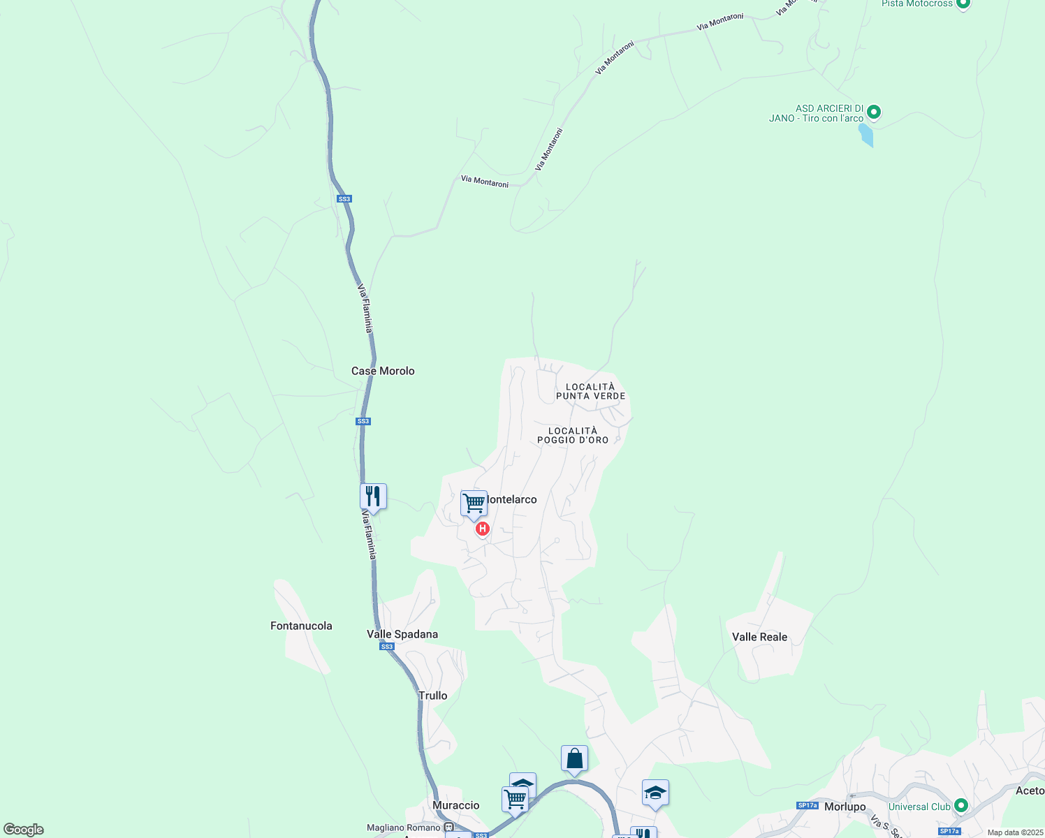 map of restaurants, bars, coffee shops, grocery stores, and more near 88 Via dell'Orsa Maggiore in Montelarco