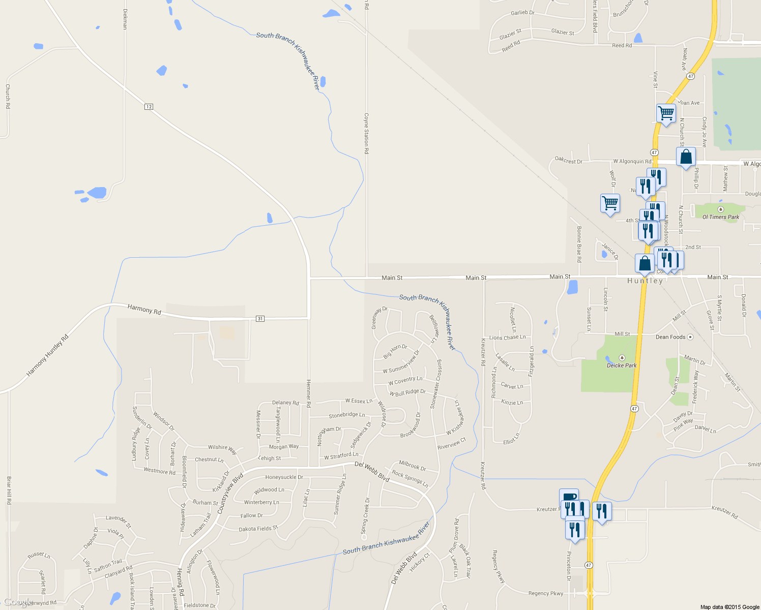 map of restaurants, bars, coffee shops, grocery stores, and more near 11214 Greenway Dr in Huntley