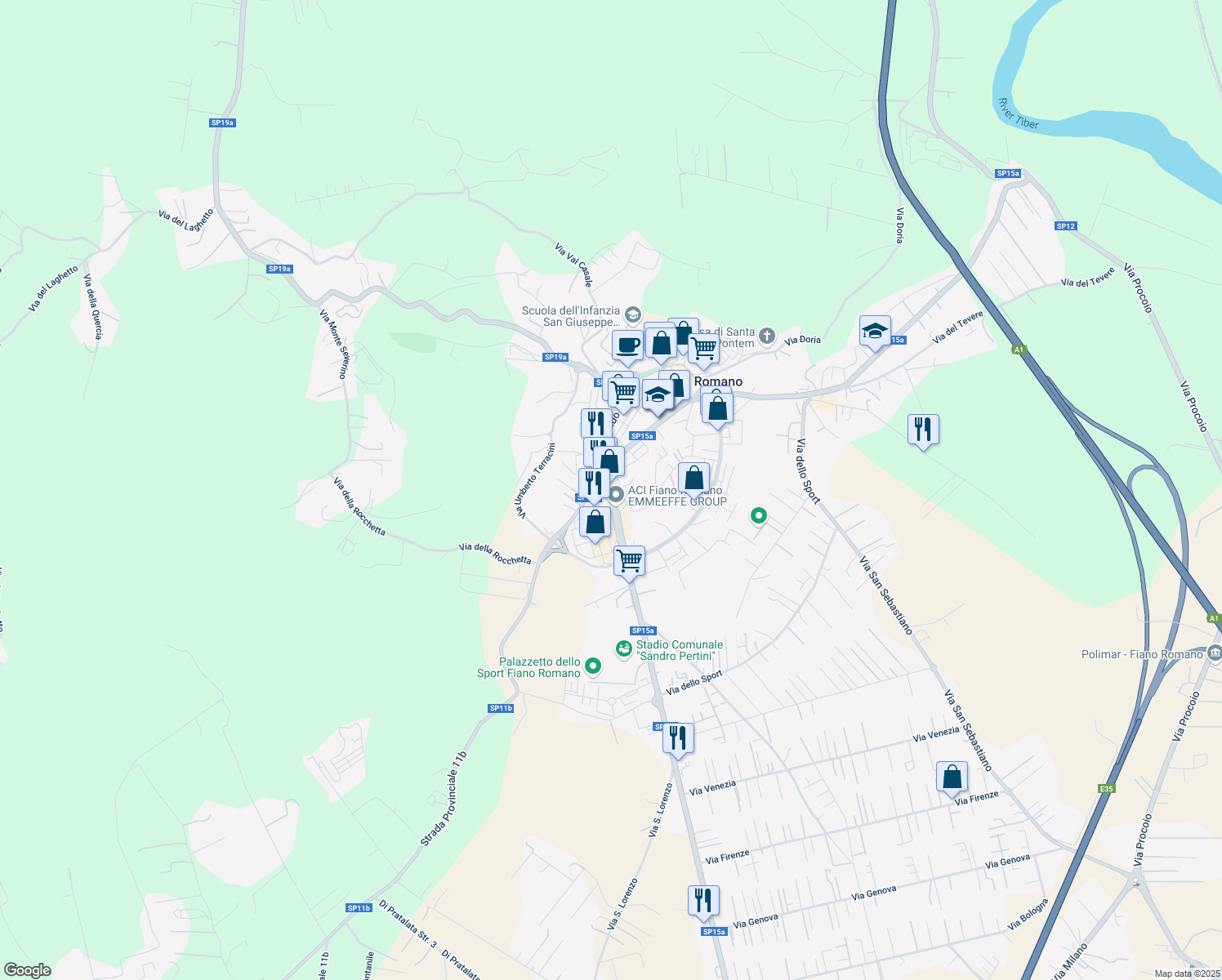 map of restaurants, bars, coffee shops, grocery stores, and more near 116 Via Tiberina in Fiano Romano