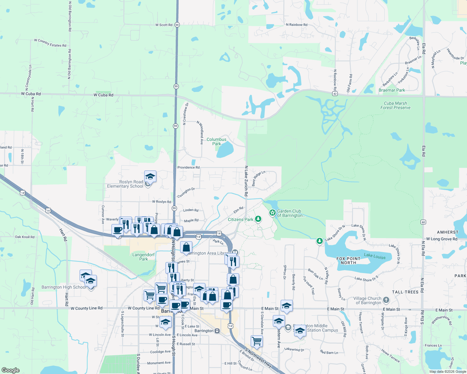map of restaurants, bars, coffee shops, grocery stores, and more near 882 Bosworthfield Road in Barrington