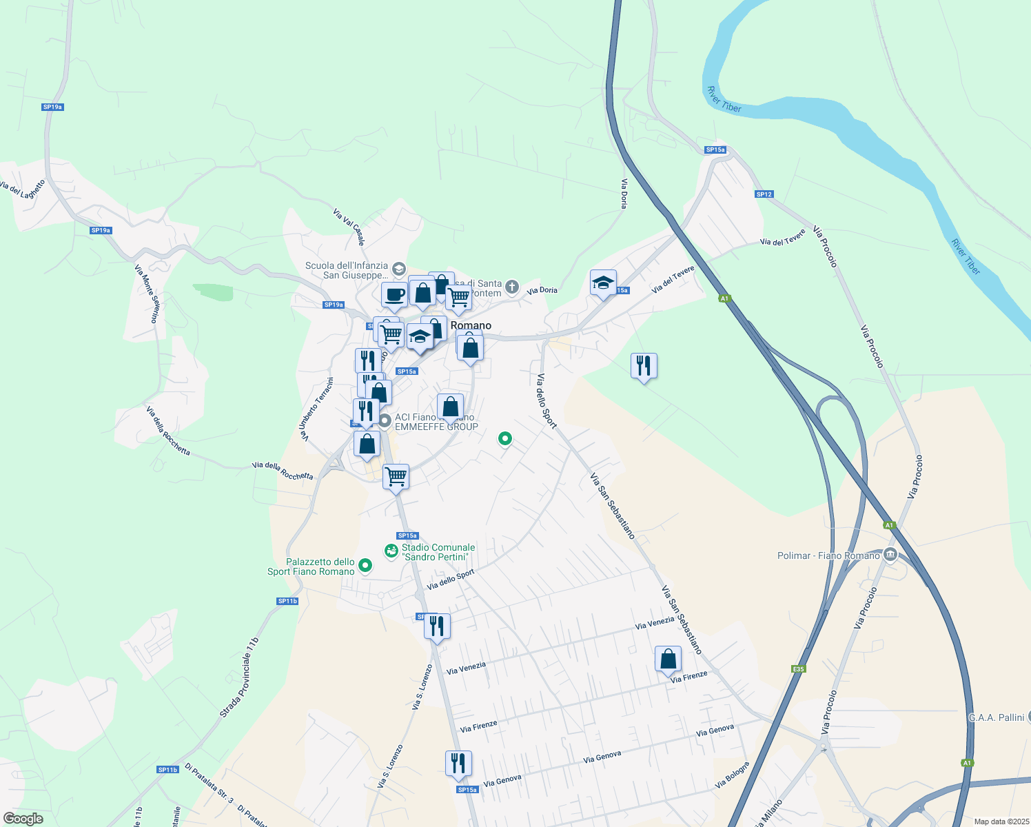 map of restaurants, bars, coffee shops, grocery stores, and more near 8 Via Campo Maro in Fiano Romano