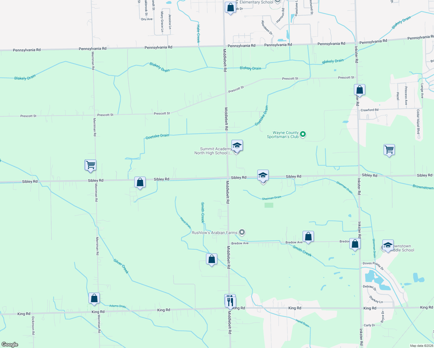 map of restaurants, bars, coffee shops, grocery stores, and more near 29492 Sibley Road in Romulus