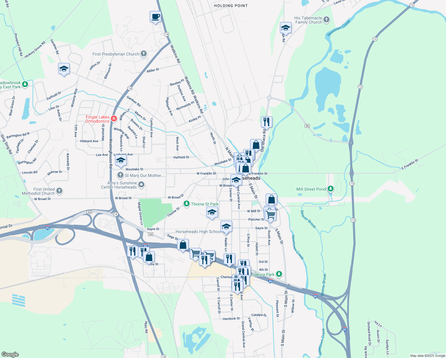 map of restaurants, bars, coffee shops, grocery stores, and more near Legion Ln in Horseheads