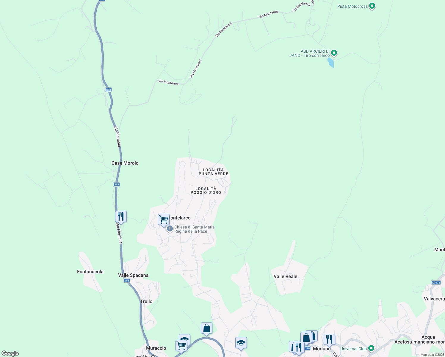 map of restaurants, bars, coffee shops, grocery stores, and more near 14 Via delle Magnolie in Montelarco