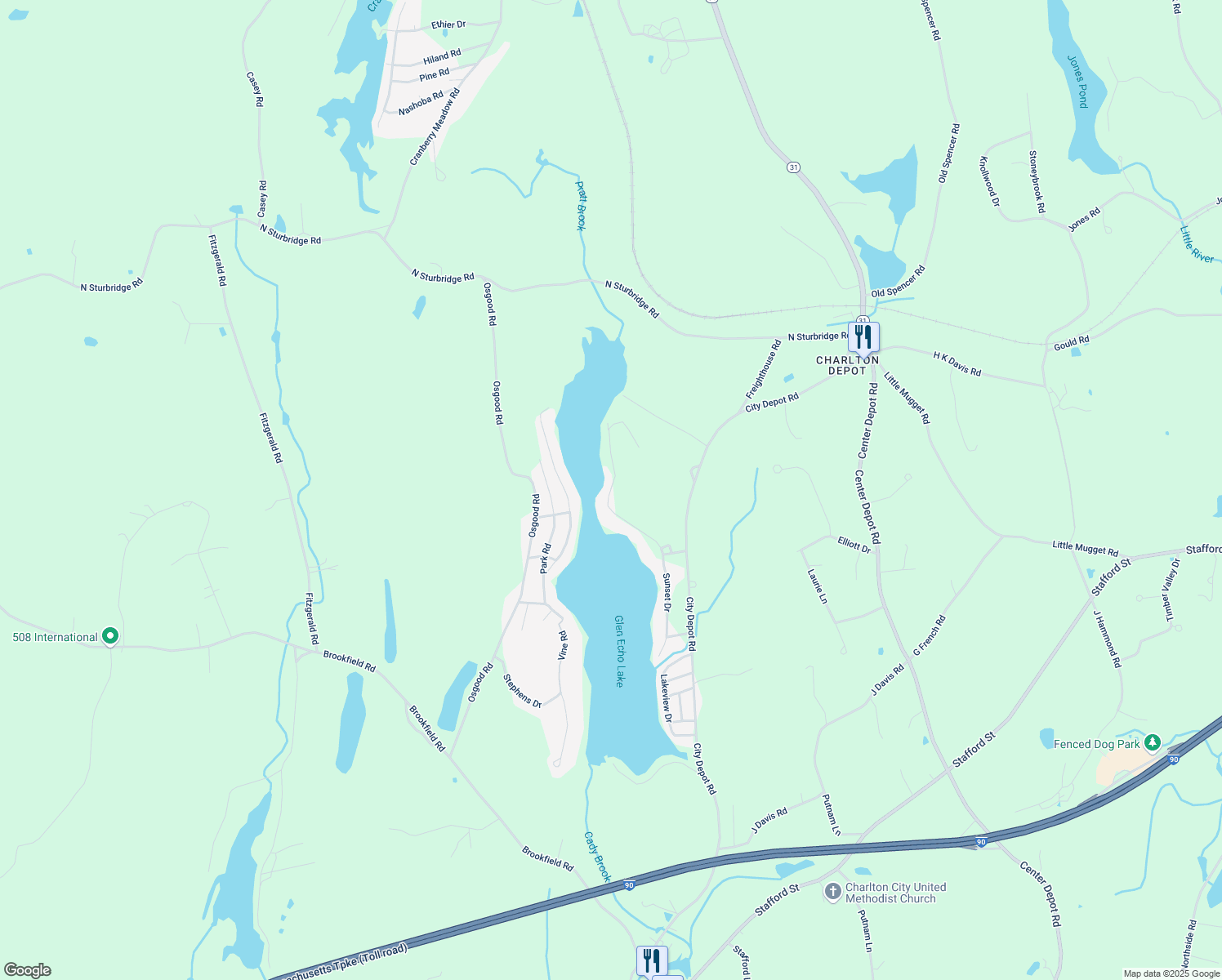 map of restaurants, bars, coffee shops, grocery stores, and more near 221 Sunset Drive in Charlton