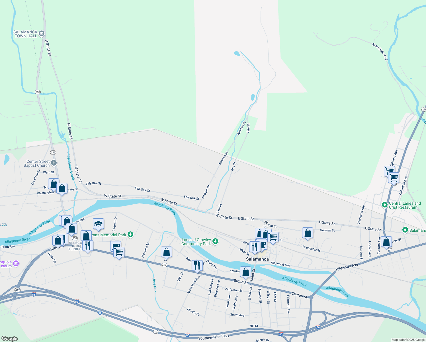 map of restaurants, bars, coffee shops, grocery stores, and more near 171 Newton St in Salamanca
