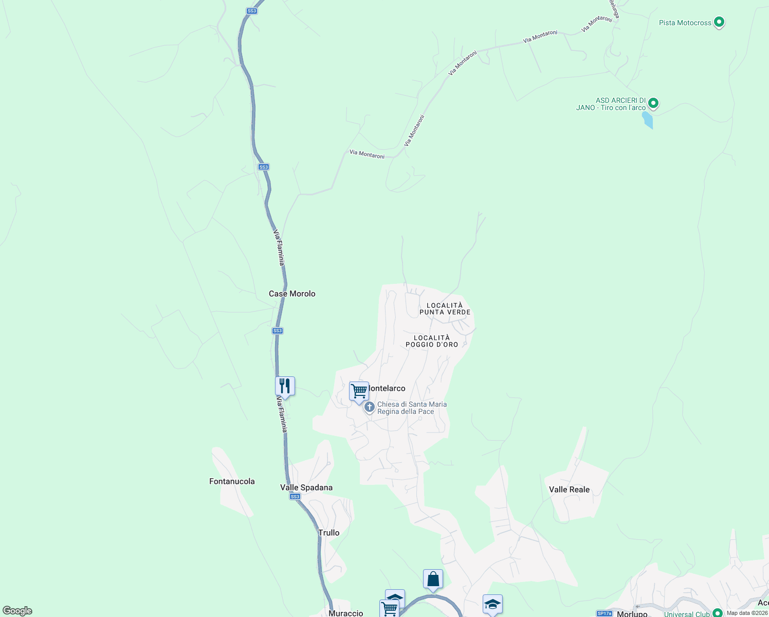 map of restaurants, bars, coffee shops, grocery stores, and more near 72 Via dell'Orsa Maggiore in Montelarco