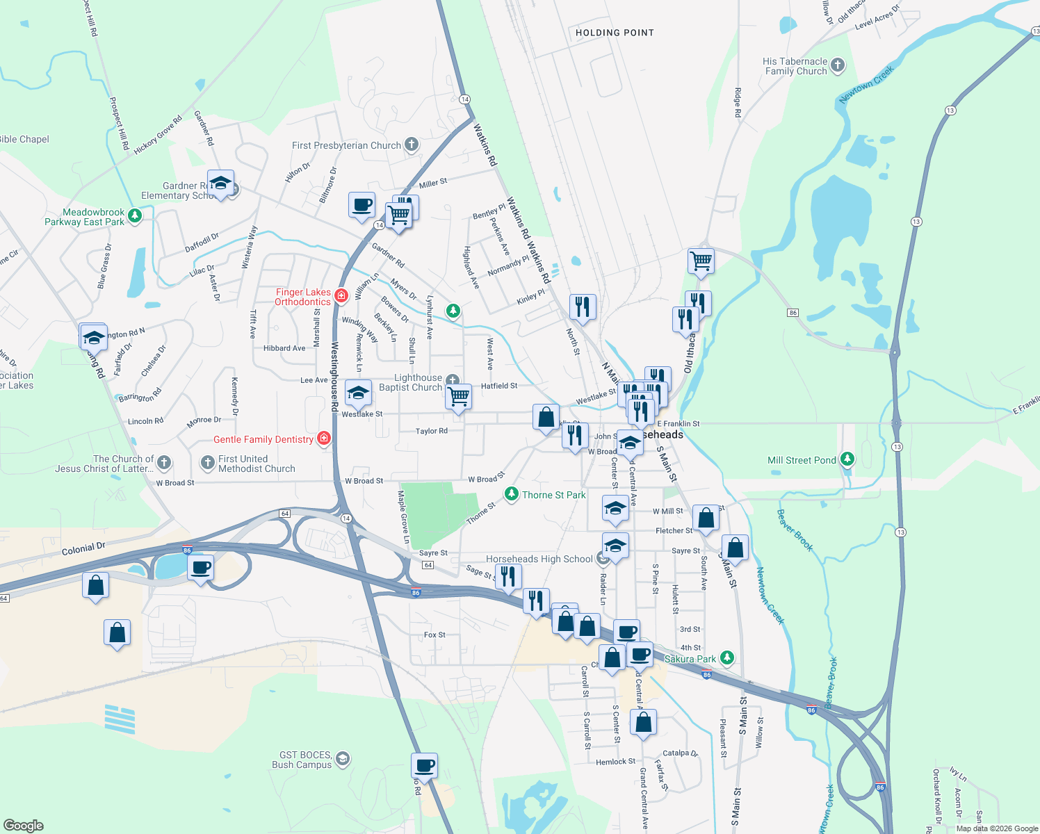map of restaurants, bars, coffee shops, grocery stores, and more near 541 Westlake Street in Horseheads