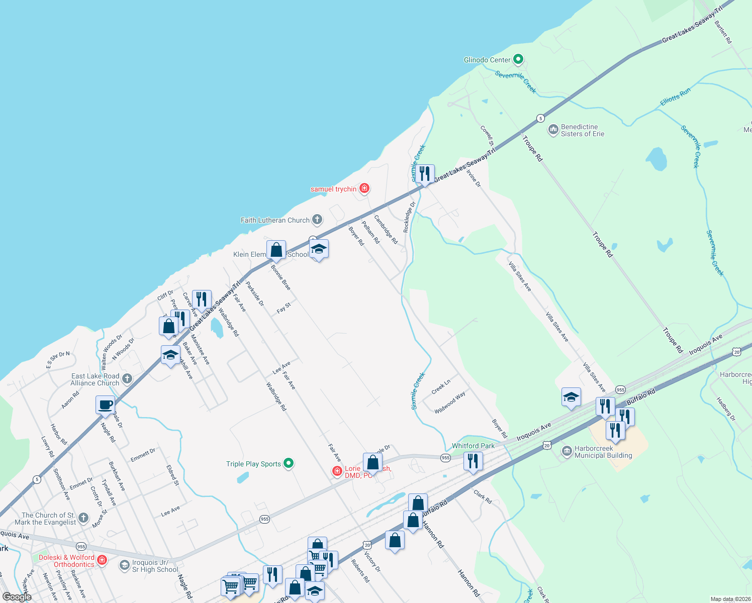 map of restaurants, bars, coffee shops, grocery stores, and more near 620 Boyer Rd in Erie