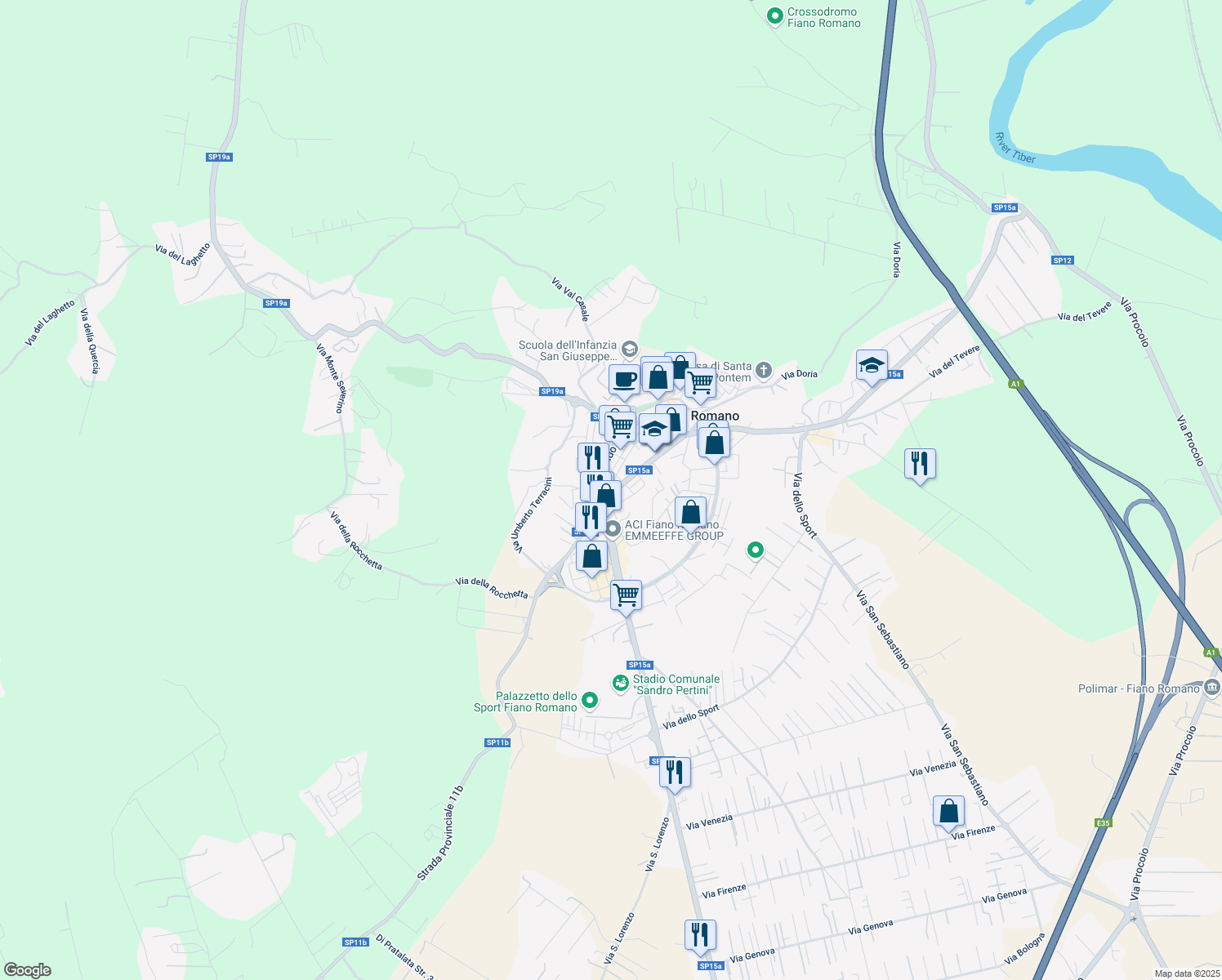map of restaurants, bars, coffee shops, grocery stores, and more near 87 Via Tiberina in Fiano Romano