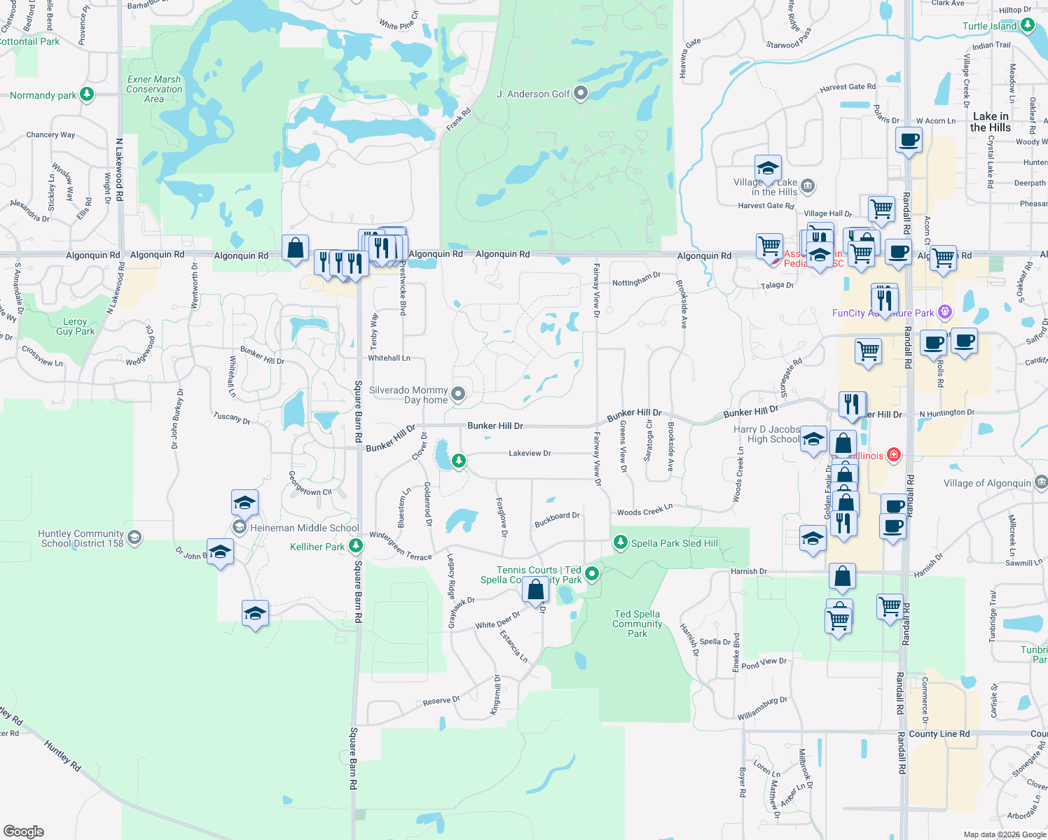 map of restaurants, bars, coffee shops, grocery stores, and more near 3610 Bunker Hill Drive in Algonquin
