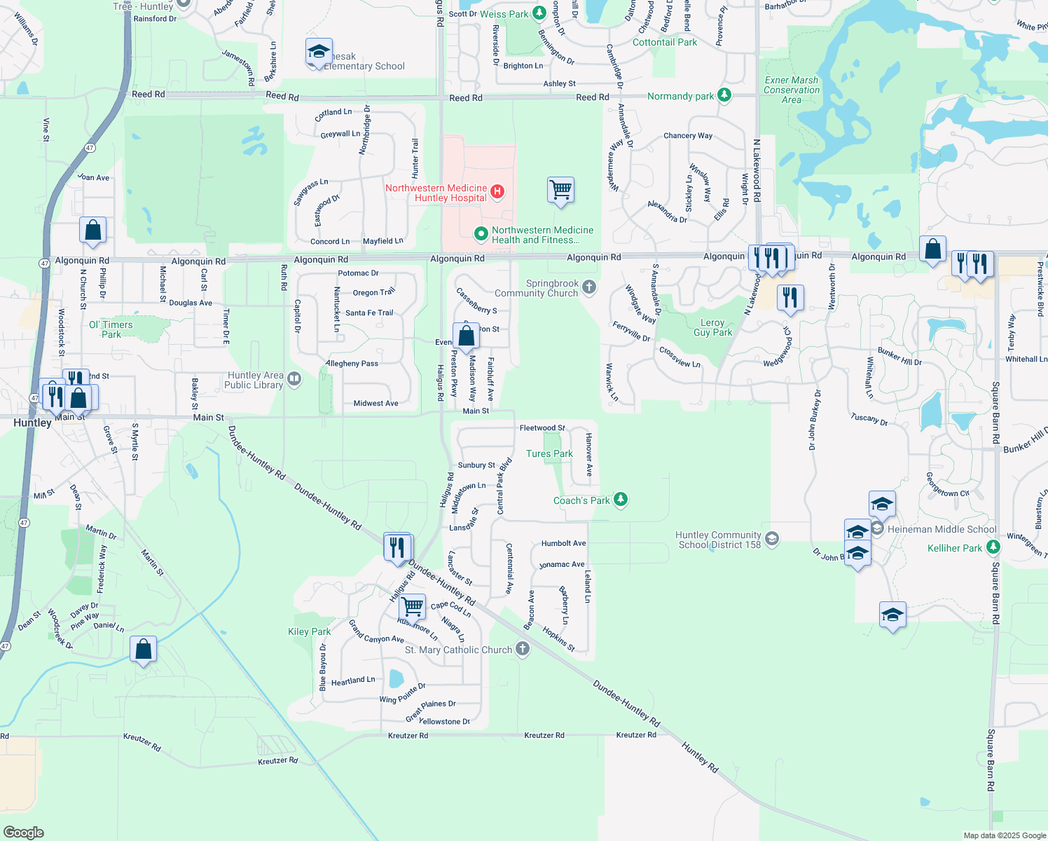 map of restaurants, bars, coffee shops, grocery stores, and more near 10348 Fleetwood Street in Huntley