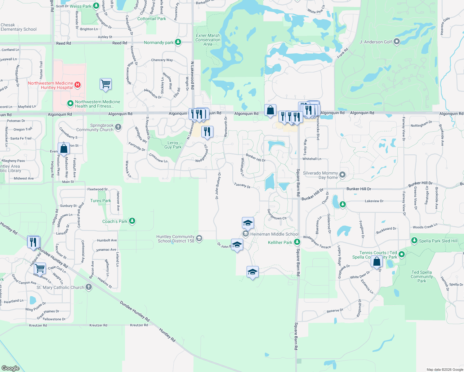map of restaurants, bars, coffee shops, grocery stores, and more near 520 Tuscany Drive in Algonquin