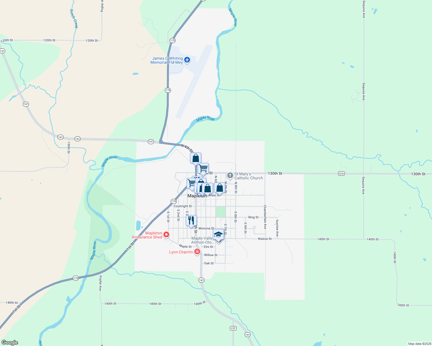 map of restaurants, bars, coffee shops, grocery stores, and more near 298 North 6th Street in Mapleton